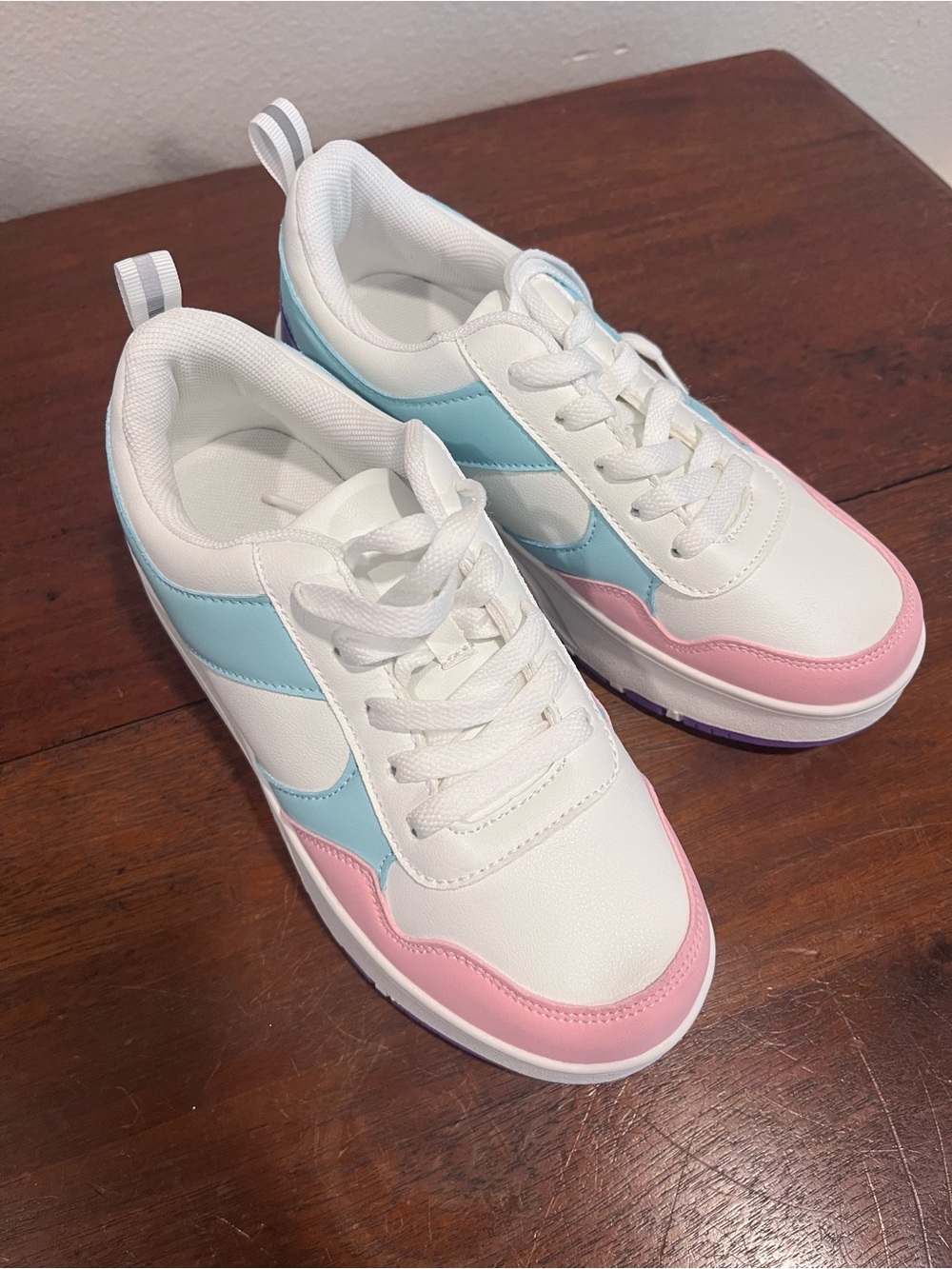 “Heels” White Sneakers with Pastel Blue and Pink Panels NEEDS WHEELS